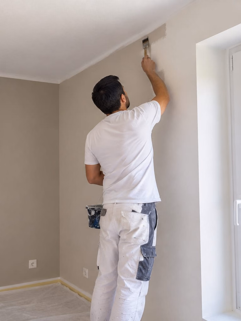 Artisan réalisant les finitions de peinture d’un mur intérieur