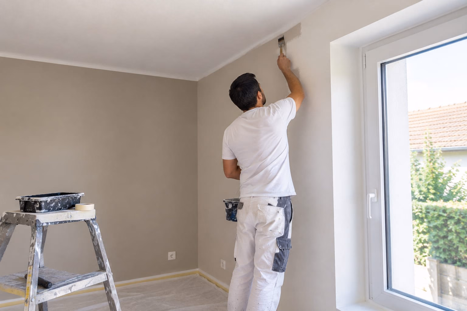 Peintre réalisant les finitions d’un mur intérieur